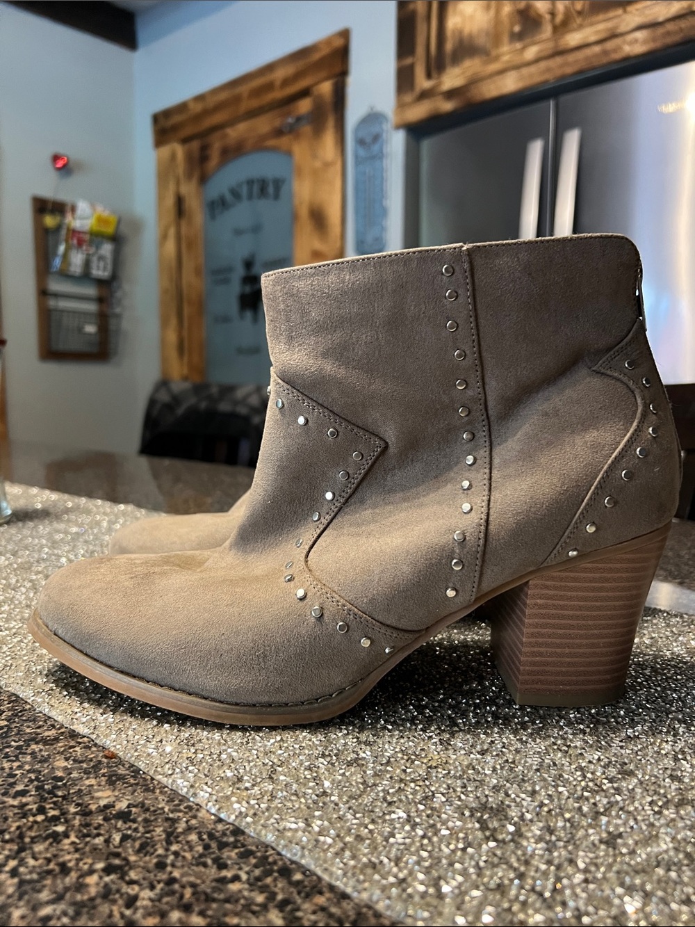 Taupe Suede Studded Ankle Bootie with 3 Inch Block Heel - Women